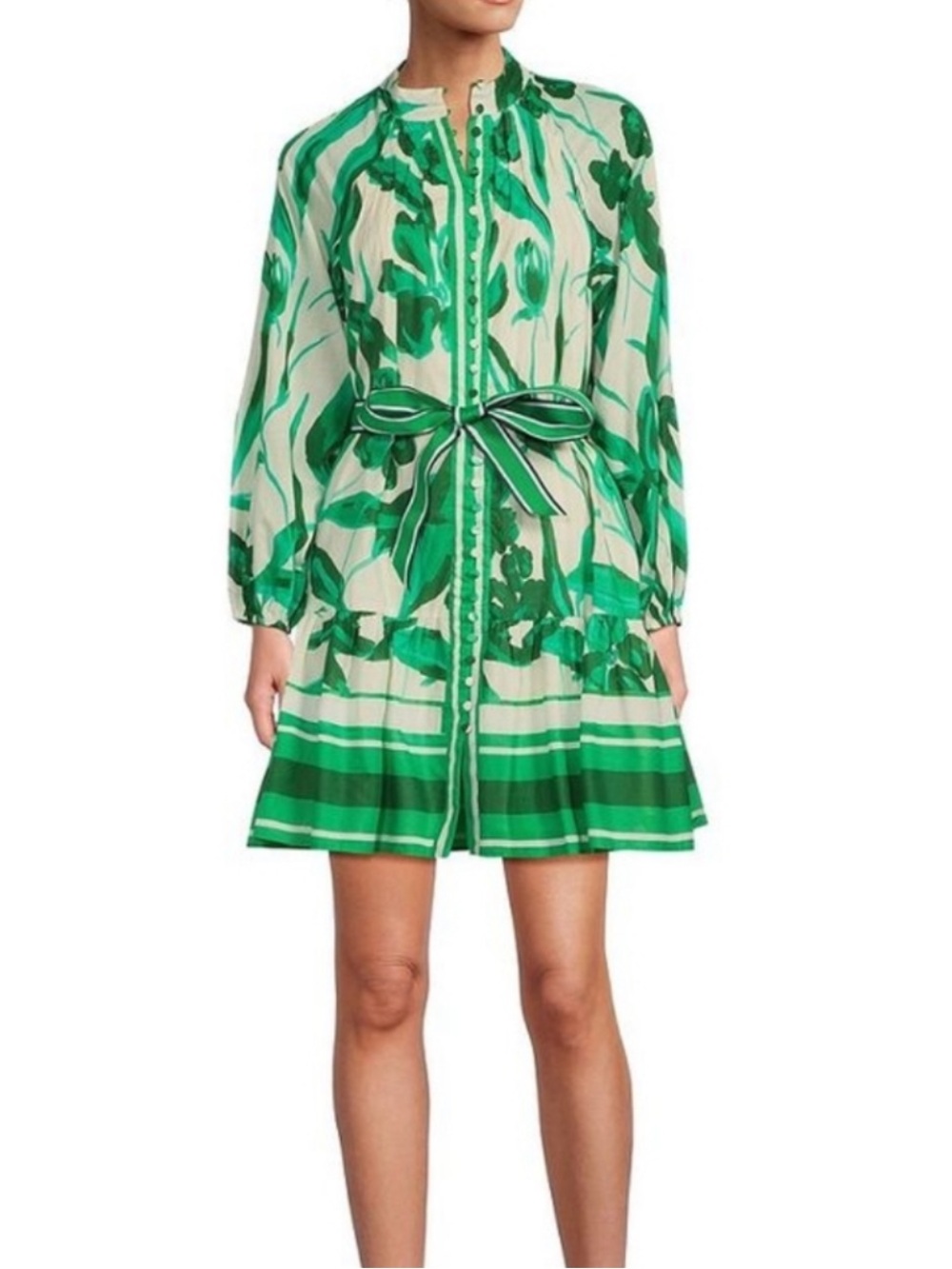 Antonio Melani Brynn Leaf Pattern Dress mini tied with belt size 12 white green